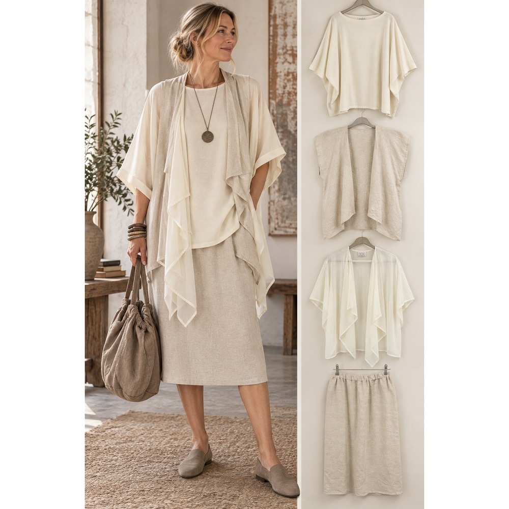 Vintage Reginald Chicago 4 Piece‎ Set Women Beige Rayon Blend Lagenlook Minimal